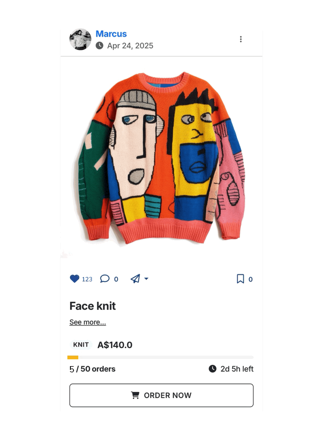 Face Knit Product Example with Likes